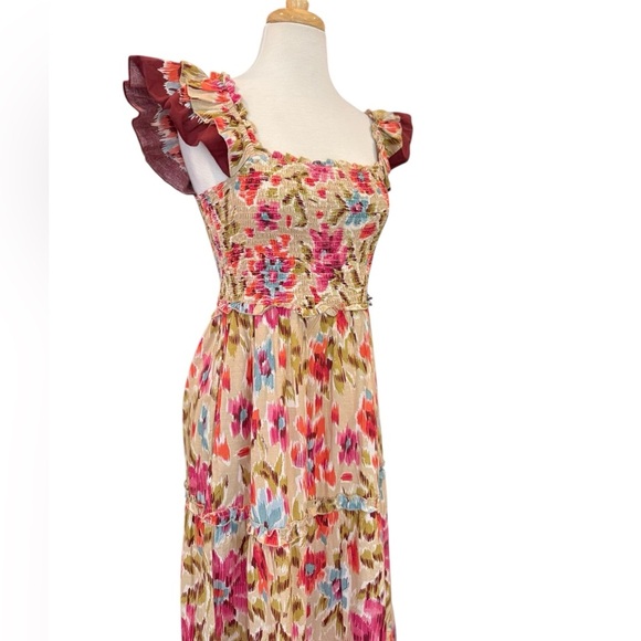 House of Harlow 1960 Floral Smocked Tiered Maxi Dress Ruffle Sleeve Burgundy Med - Picture 2 of 9